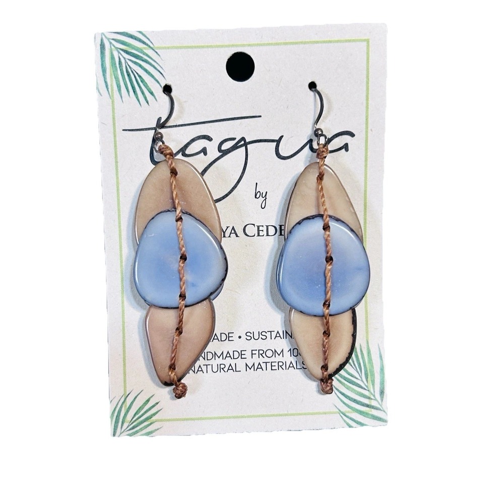 Teague Nut Earrings Baby Blue and Tan Unique Handmade 100% Natural Ecuador